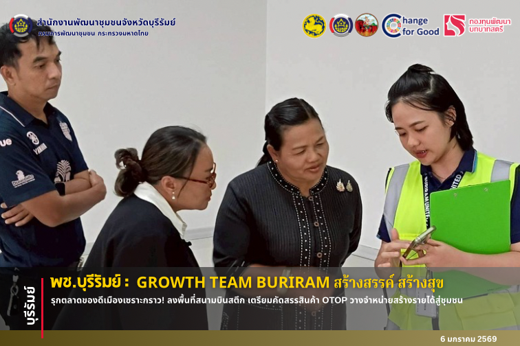 🔆พช.บุรีรัมย์🔆 GROWTH TEAM BURIRAM PLUS สร้างสรรค์ สร้างสุข : รุกตลาดของดีเมืองเซราะกราว! ลงพื้นที่สนามบินสตึก เตรียมคัดสรรสินค้า OTOP วางจำหน่ายสร้างรายได้สู่ชุมชน