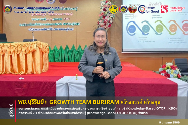 🔆พช.บุรีรัมย์🔆 GROWTH TEAM BURIRAM PLUS สร้างสรรค์ สร้างสุข : จบครบหลักสูตร การดำเนินงานโครงการส่งเสริมกระบวนการเครือข่ายองค์ความรู้ (Knowledge-Based OTOP : KBO) กิจกรรมที่ 2.1 พัฒนาศักยภาพเครือข่ายองค์ความรู้ (Knowledge-Based OTOP : KBO) จังหวัด