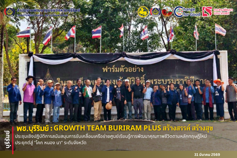 🔆พช.บุรีรัมย์🔆 GROWTH TEAM BURIRAM PLUS สร้างสรรค์ สร้างสุข : ประชุมเชิงปฏิบัติการสนับสนุนการขับเคลื่อนเครือข่ายศูนย์เรียนรู้การพัฒนาคุณภาพชีวิตตามหลักทฤษฎีใหม่ ประยุกต์สู่ “โคก หนอง นา” ระดับจังหวัด