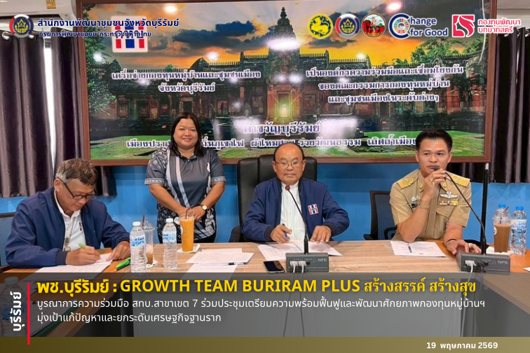 🔆พช.บุรีรัมย์🔆  GROWTH TEAM BURIRAM PLUS สร้างสรรค์ สร้างสุข : บูรณาการความร่วมมือ สทบ.สาขาเขต 7 ร่วมประชุมเตรียมความพร้อมฟื้นฟูและพัฒนาศักยภาพกองทุนหมู่บ้านฯ มุ่งเป้าแก้ปัญหาและยกระดับเศรษฐกิจฐานราก