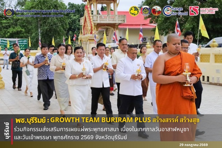 🔆พช.บุรีรัมย์🔆  GROWTH TEAM BURIRAM PLUS สร้างสรรค์ สร้างสุข : ร่วมกิจกรรมส่งเสริมการเผยแผ่พระพุทธศาสนา เนื่องในเทศกาลวันอาสาฬหบูชา และวันเข้าพรรษา พุทธศักราช 2569 จังหวัดบุรีรัมย์