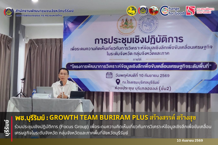 🔆พช.บุรีรัมย์🔆 GROWTH TEAM BURIRAM PLUS สร้างสรรค์ สร้างสุข :  ร่วมประชุมเชิงปฏิบัติการ (Focus Group) เพื่อระดมความคิดเห็นเกี่ยวกับการวิเคราะห์ข้อมูลเชิงลึกเพื่อขับเคลื่อนเศรษฐกิจในระดับจังหวัด กลุ่มจังหวัดและภาคพื้นที่จังหวัดบุรีรัมย์