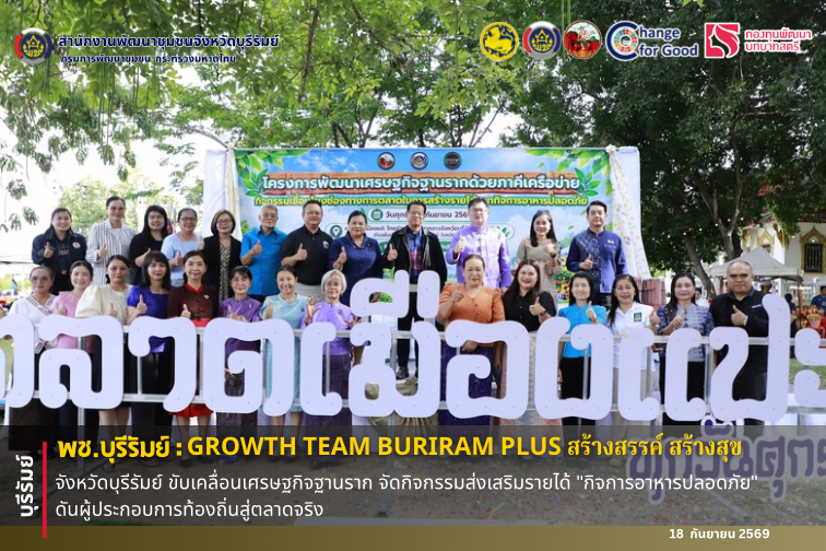 🔆พช.บุรีรัมย์🔆 GROWTH TEAM BURIRAM PLUS สร้างสรรค์ สร้างสุข : จังหวัดบุรีรัมย์ ขับเคลื่อนเศรษฐกิจฐานราก จัดกิจกรรมส่งเสริมรายได้ "กิจการอาหารปลอดภัย" ดันผู้ประกอบการท้องถิ่นสู่ตลาดจริง