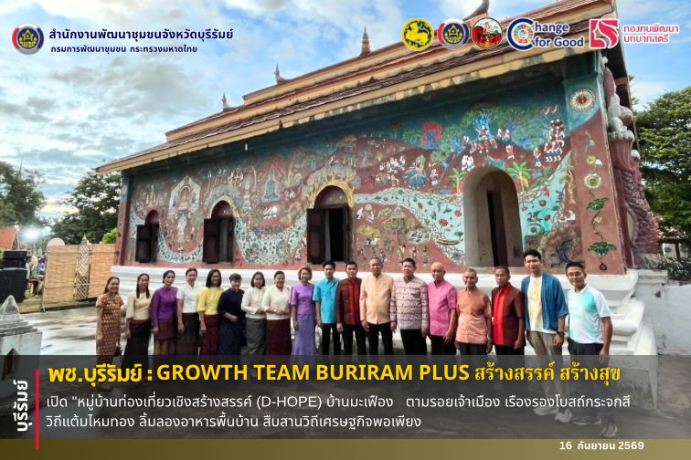 🔆พช.บุรีรัมย์🔆 GROWTH TEAM BURIRAM PLUS สร้างสรรค์ สร้างสุข : เปิด "หมู่บ้านท่องเที่ยวเชิงสร้างสรรค์ (D-HOPE) บ้านมะเฟือง   ตามรอยเจ้าเมือง เรืองรองโบสถ์กระจกสี วิถีแต้มไหมทอง ลิ้มลองอาหารพื้นบ้าน สืบสานวิถีเศรษฐกิจพอเพียง