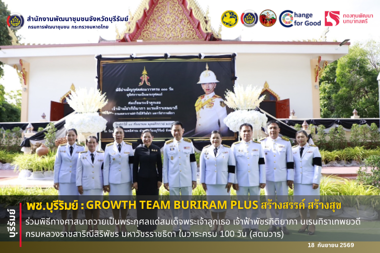 🔆พช.บุรีรัมย์🔆 GROWTH TEAM BURIRAM PLUS สร้างสรรค์ สร้างสุข : ร่วมพิธีทางศาสนาถวายเป็นพระกุศลแด่สมเด็จพระเจ้าลูกเธอ เจ้าฟ้าพัชรกิติยาภา นเรนทิราเทพยวดี กรมหลวงราชสาริณีสิริพัชร มหาวัชรราชธิดา ในวาระครบ 100 วัน (สตมวาร) 