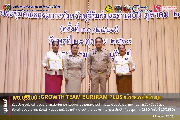 🔆พช.บุรีรัมย์🔆 GROWTH TEAM BURIRAM PLUS สร้างสรรค์ สร้างสุข : ร่วมประชุมหัวหน้าส่วนราชการสังกัดกระทรวงมหาดไทยและนายอำเภอและร่วมประชุมคณะกรมการจังหวัดบุรีรัมย์ หัวหน้าส่วนราชการ หัวหน้าหน่วยงานรัฐวิสาหกิจ นายอำเภอ และภาคเอกชน ประจำเดือนตุลาคม 2569 (ครั้งที่ 10/2569)