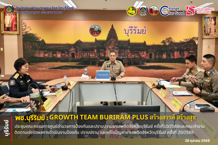 🔆พช.บุรีรัมย์🔆 GROWTH TEAM BURIRAM PLUS สร้างสรรค์ สร้างสุข : ประชุมคณะกรรมการศูนย์อำนวยการป้องกันและปราบปรามยาเสพติดจังหวัดบุรีรัมย์ ครั้งที่10/2569และคณะทำงานติดตามเร่งรัดผลการดำเนินงานป้องกัน ปราบปราม และแก้ไขปัญหายาเสพติดจังหวัดบุรีรัมย์ ครั้งที่ 20/2569